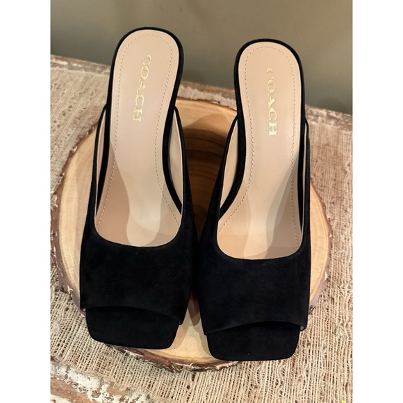 Coach Laurence Suede Sandal Black Block Heel Dressy Classic Elegant 9.5 Worn 1X - Picture 7 of 15